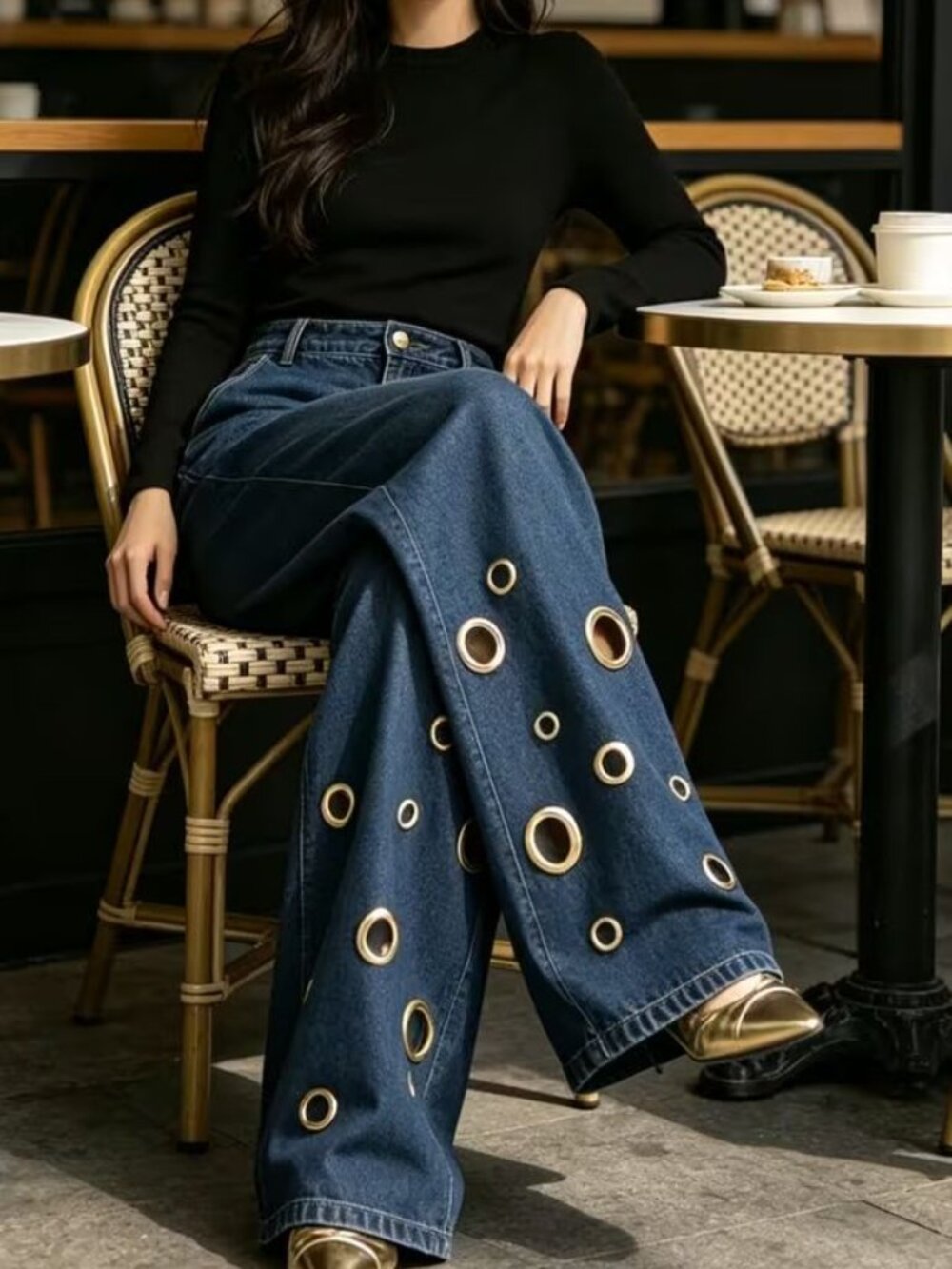 Large Grommets Dark Blue Stretchy Denim Jeans - Picture 5 of 5